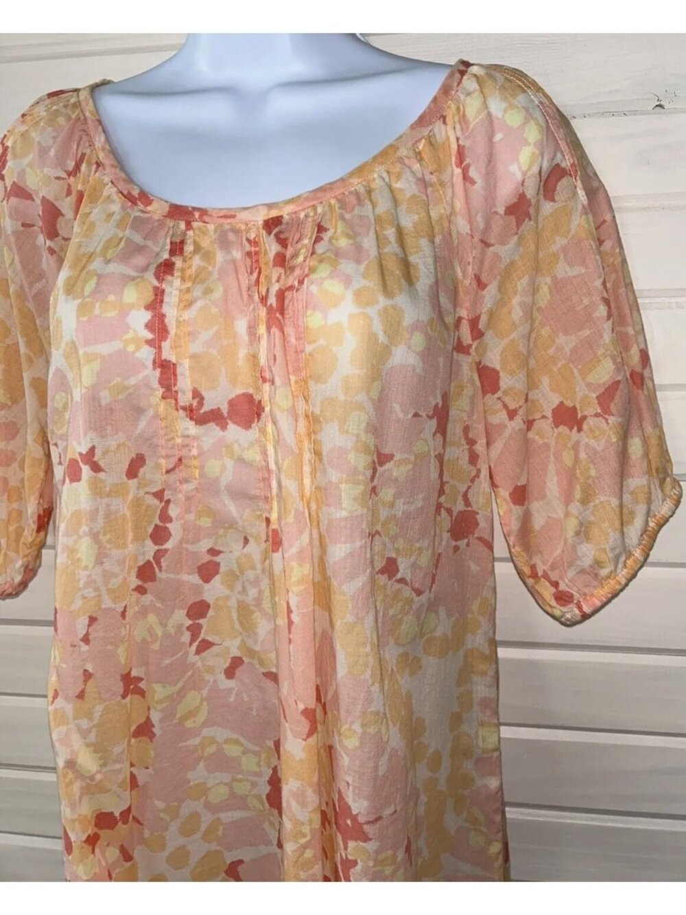 Lucky Brand Sz SMALL Peasant Blouse Orange Coral Pink Pintucked 100% Cotton EUC